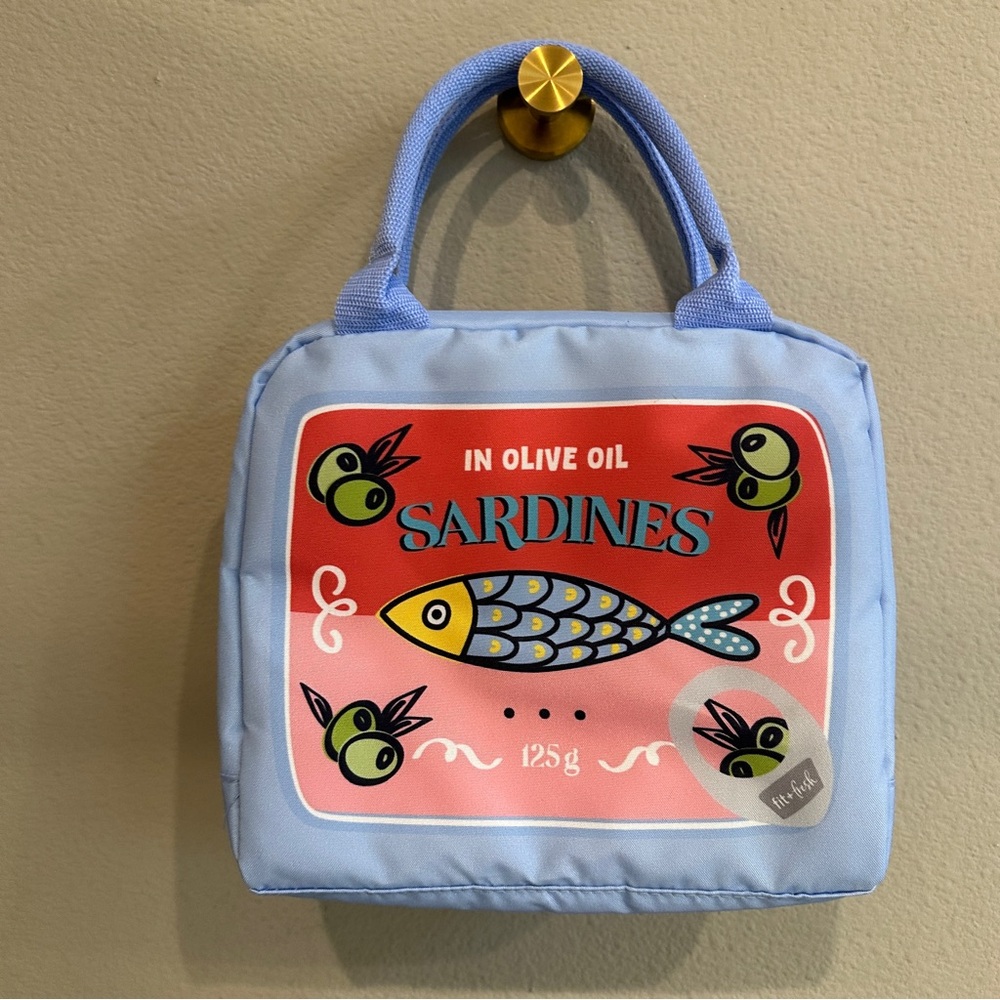 NWT Fit + Fresh Sardines Print Insulated Lunch Bag Novelty Mini Tote Blue - Picture 2 of 4